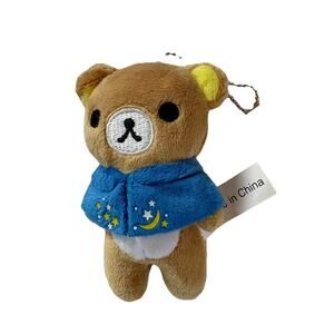 San-X Rilakkuma Brown Bear with Blue Cape with Stars Plush Key Ring Bag Decor